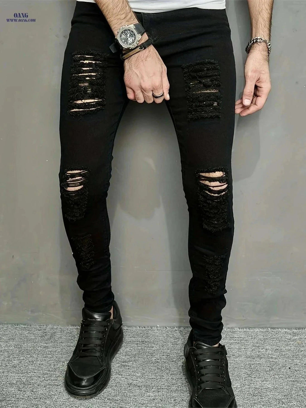 Trendy Ripped Summer Pants for Men - Skinny Fit Medium Stretch Denim   OAXG Black / 28