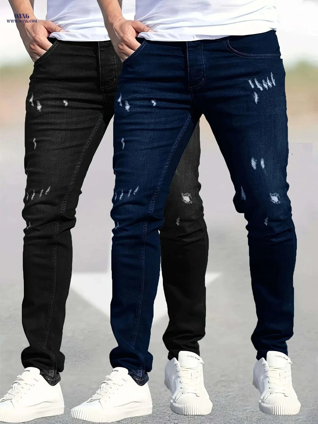 Trendy Stretch Ripped Jeans for Men - 2 Pack, All-Season Style   OAXG Black+Blue / 30