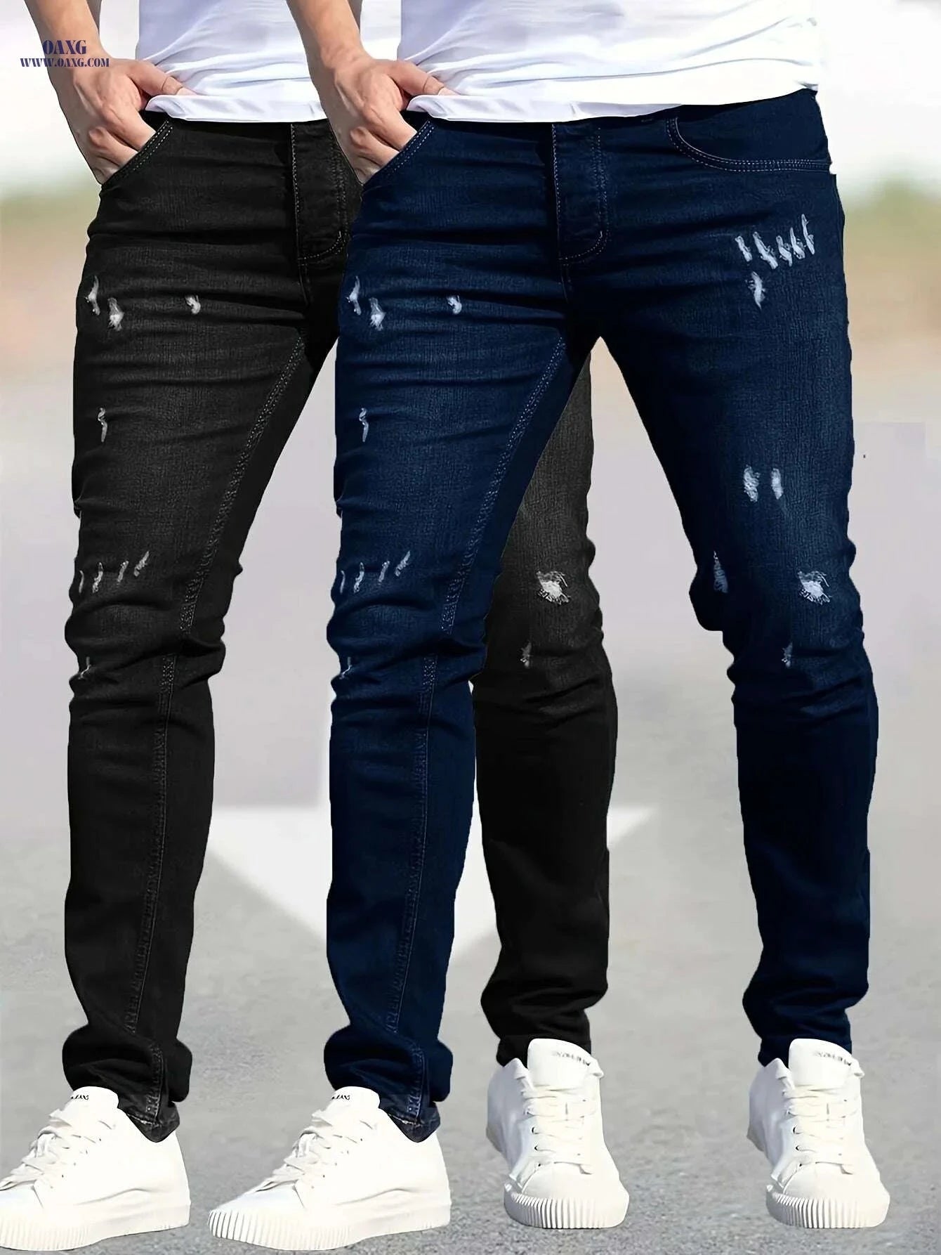 Trendy Stretch Ripped Jeans for Men - 2 Pack, All-Season Style   OAXG Black+Blue / 30