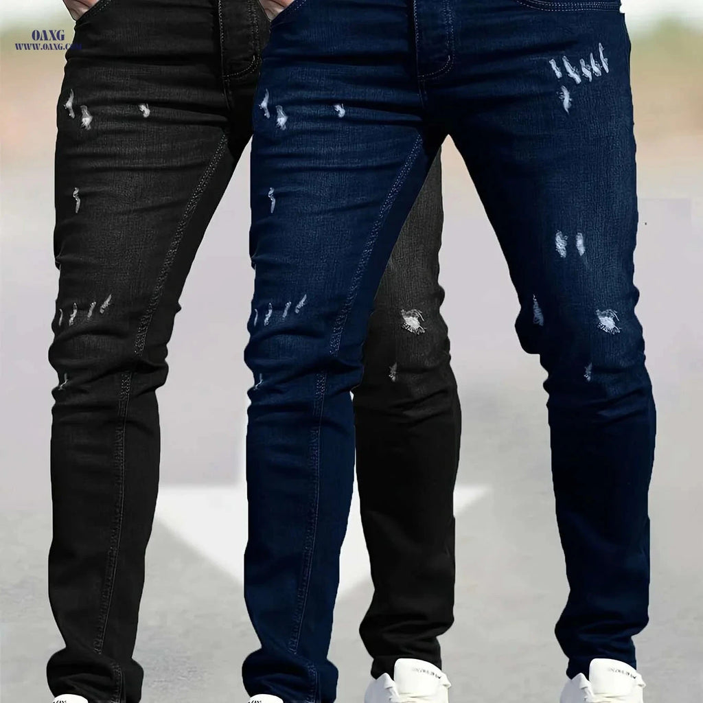 Trendy Stretch Ripped Jeans for Men - 2 Pack, All-Season Style   OAXG Black+Blue / 30