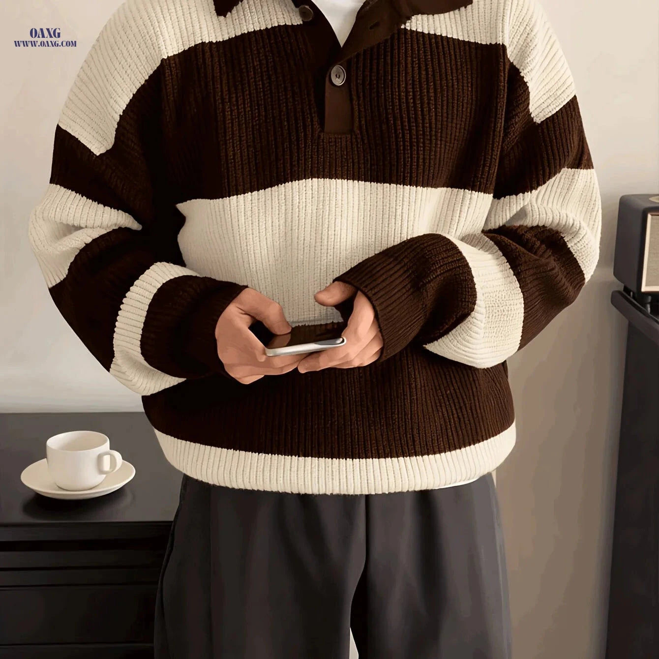 Trendy Striped Collar Pullover Knit Sweater for Men - Casual Fit   OAXG 