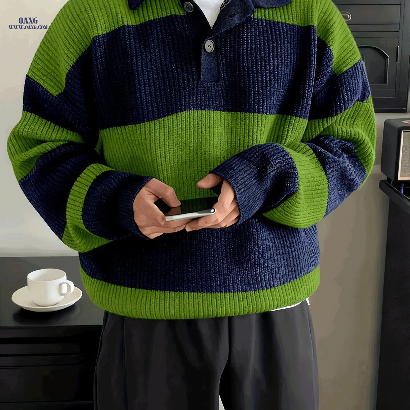 Trendy Striped Collar Pullover Knit Sweater for Men - Casual Fit   OAXG 