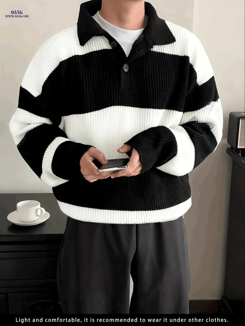Trendy Striped Collar Pullover Knit Sweater for Men - Casual Fit   OAXG Burgundy / FR XS
