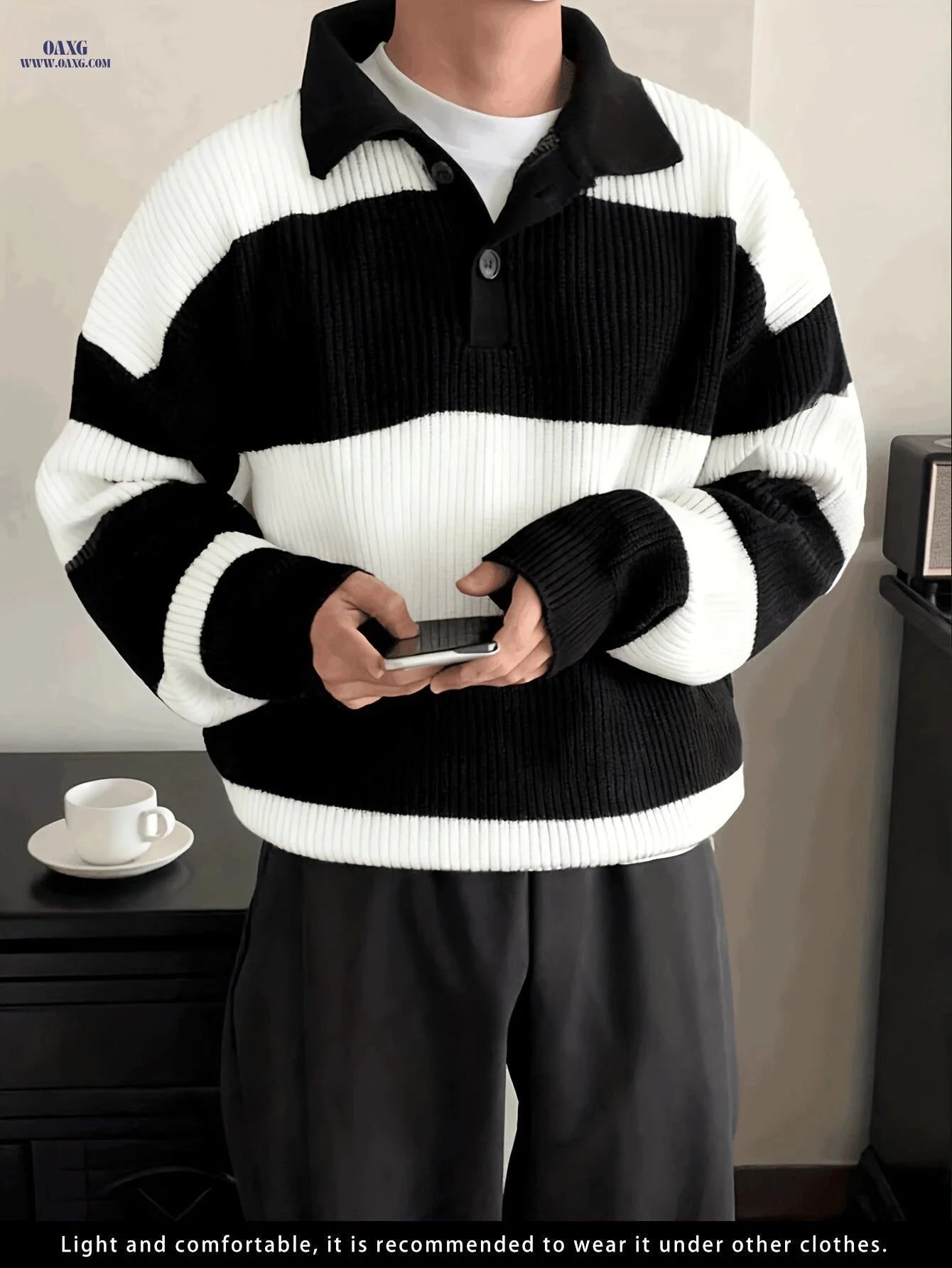 Trendy Striped Collar Pullover Knit Sweater for Men - Casual Fit   OAXG Burgundy / FR XS