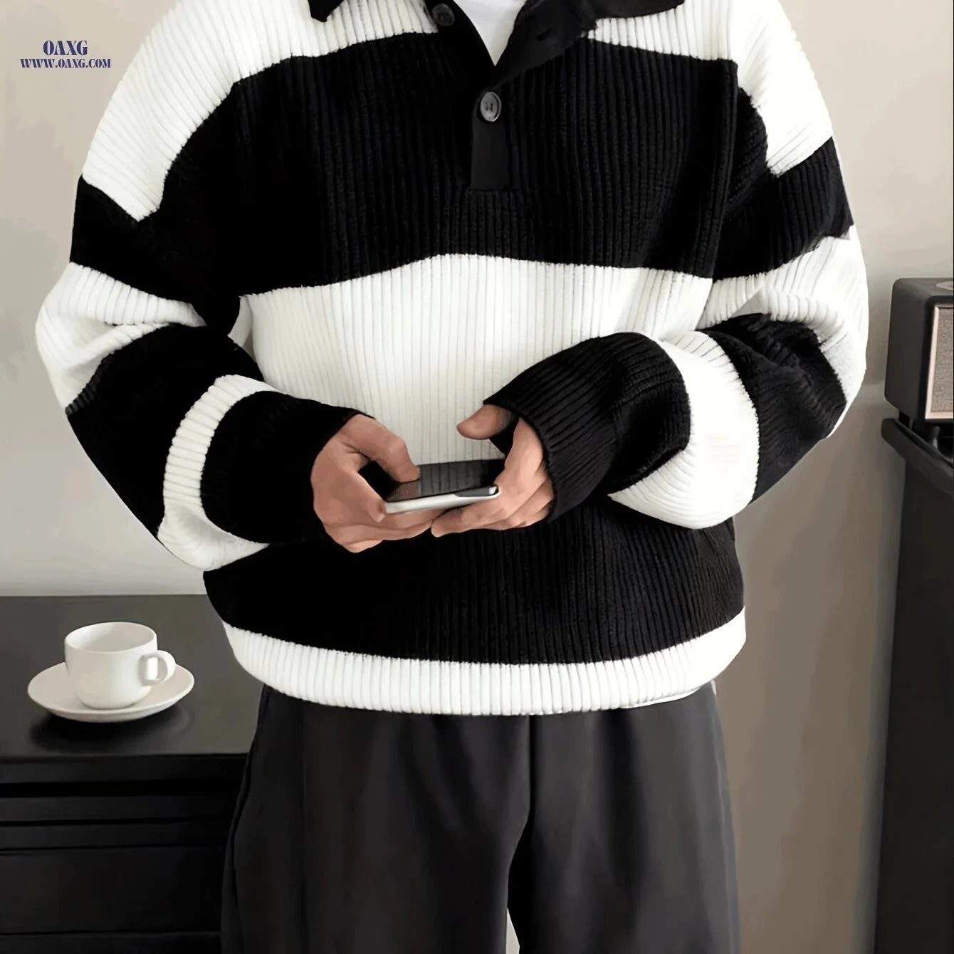Trendy Striped Collar Pullover Knit Sweater for Men - Casual Fit   OAXG 