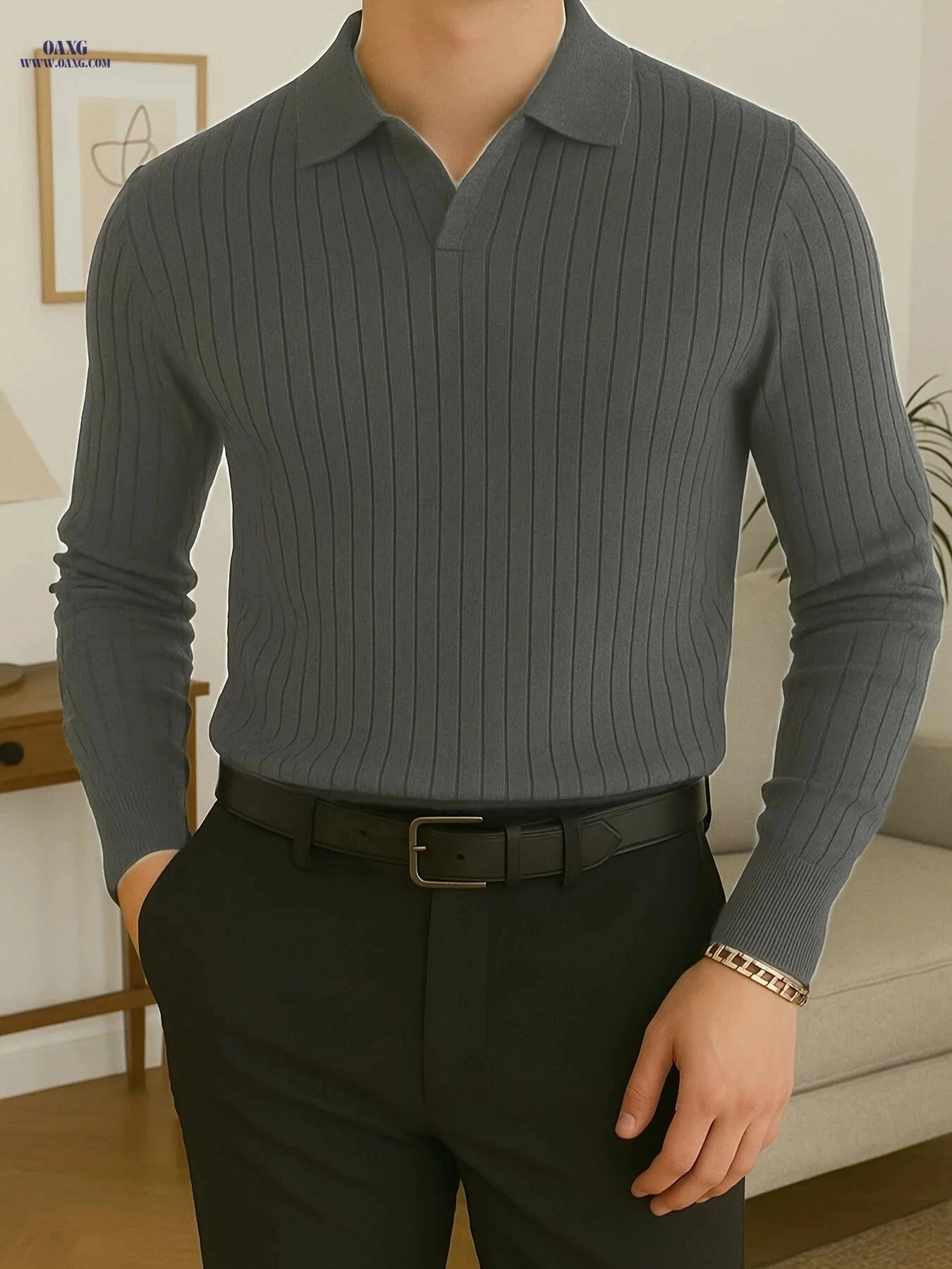 Trendy Striped Polo Shirt for Men - Slim Fit Long Sleeve Knit   OAXG 
