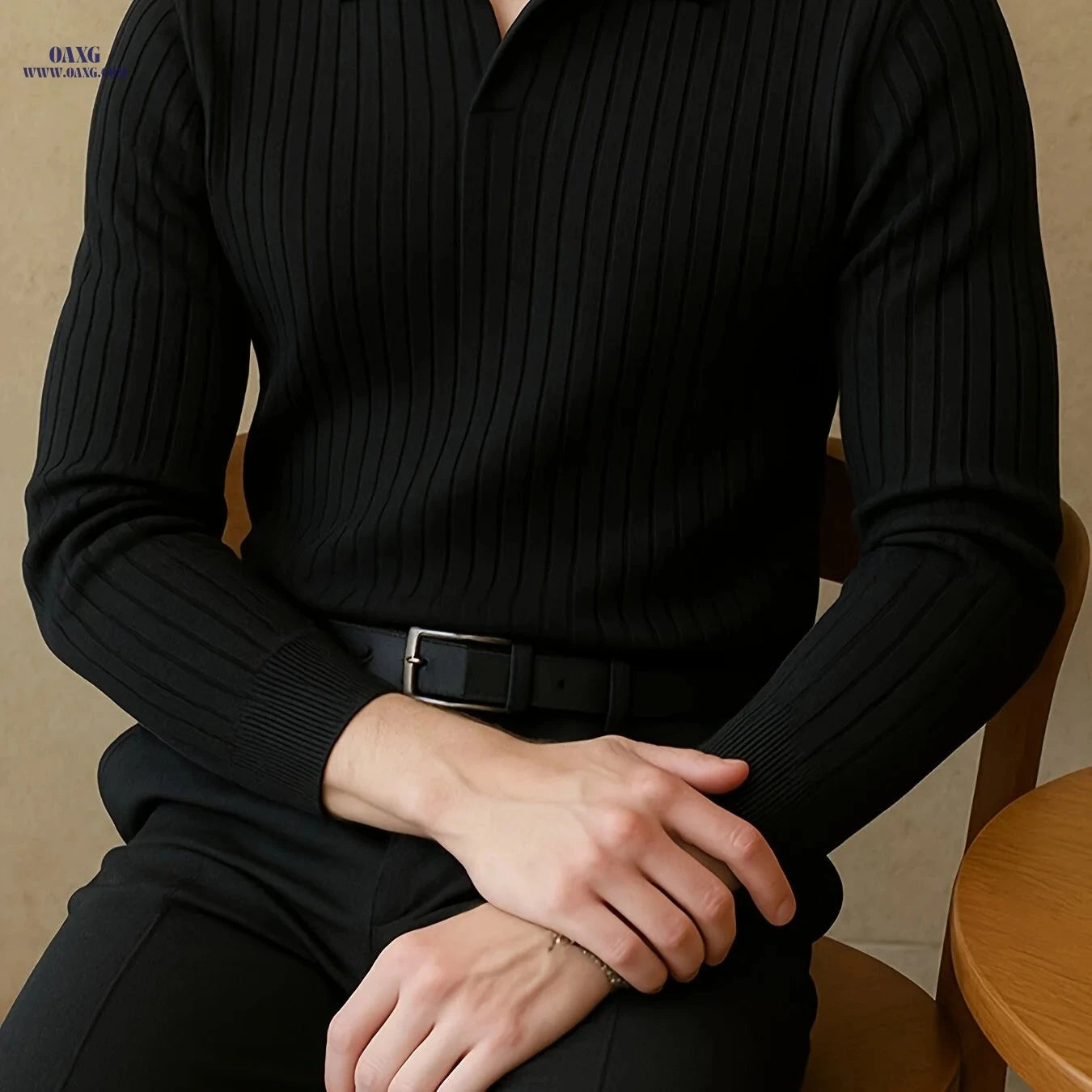 Trendy Striped Polo Shirt for Men - Slim Fit Long Sleeve Knit   OAXG Black / FR XS
