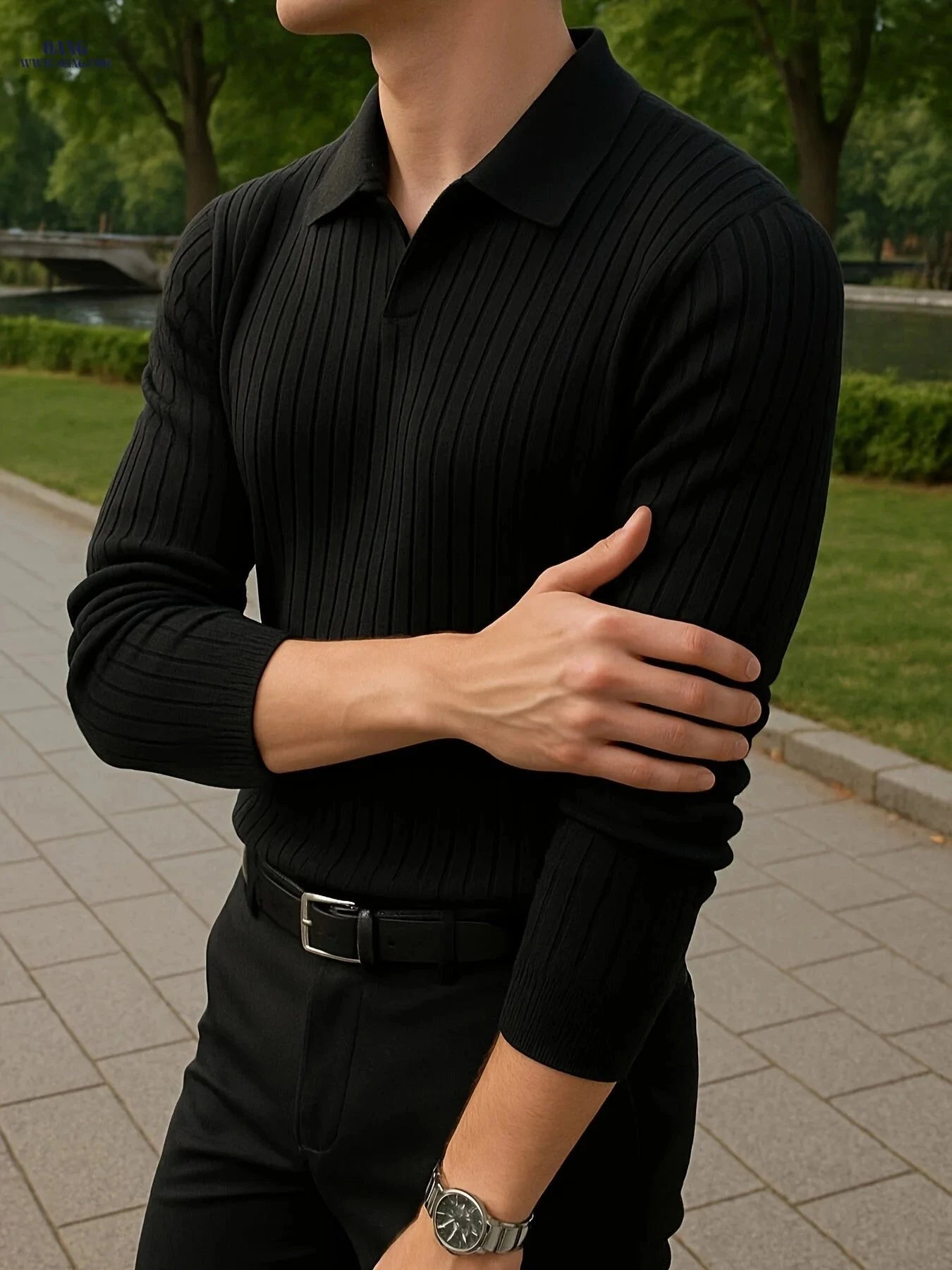 Trendy Striped Polo Shirt for Men - Slim Fit Long Sleeve Knit   OAXG Black / FR XS
