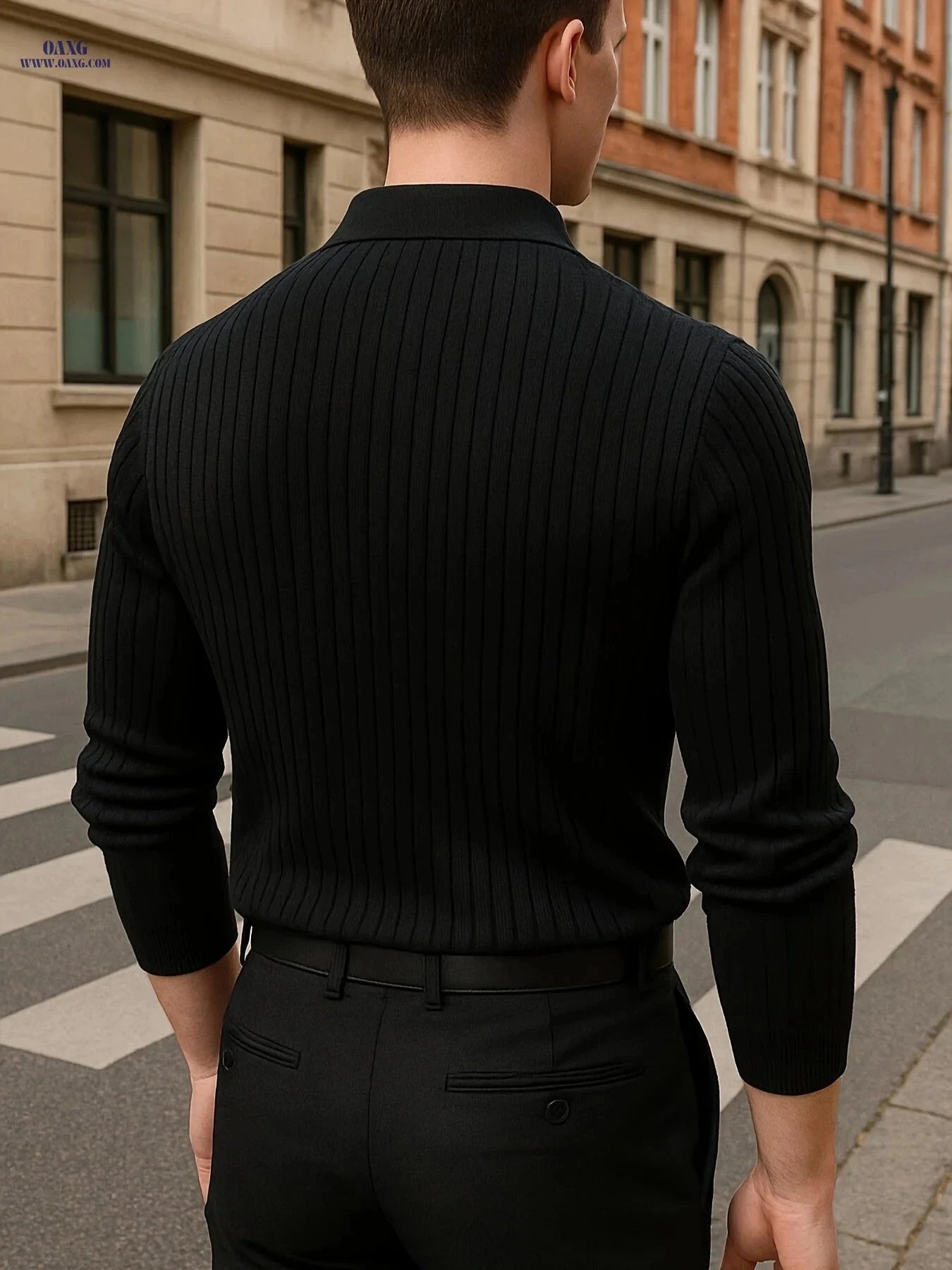 Trendy Striped Polo Shirt for Men - Slim Fit Long Sleeve Knit   OAXG Black / FR XS
