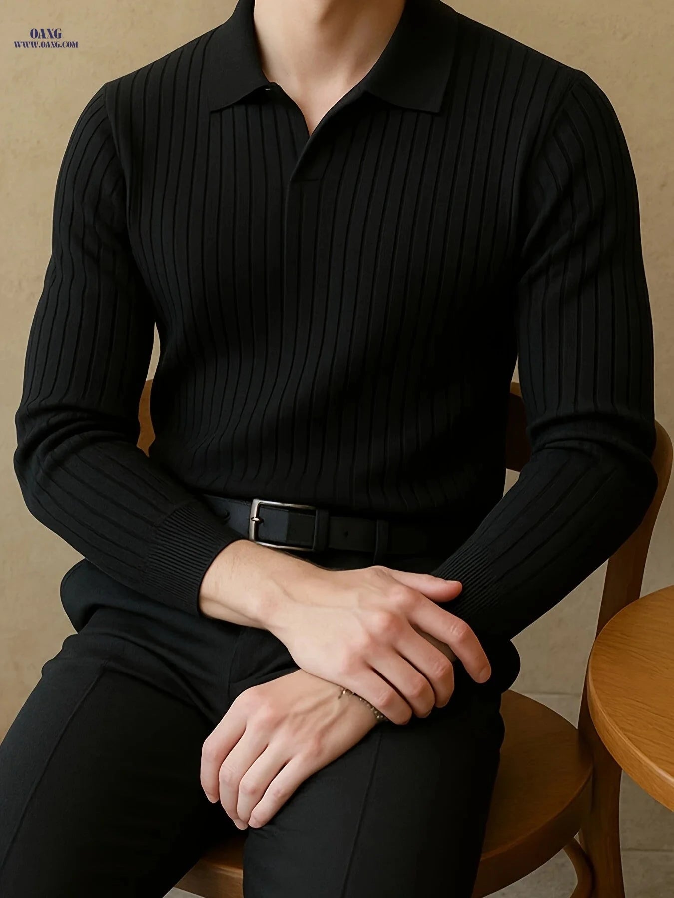 Trendy Striped Polo Shirt for Men - Slim Fit Long Sleeve Knit   OAXG 