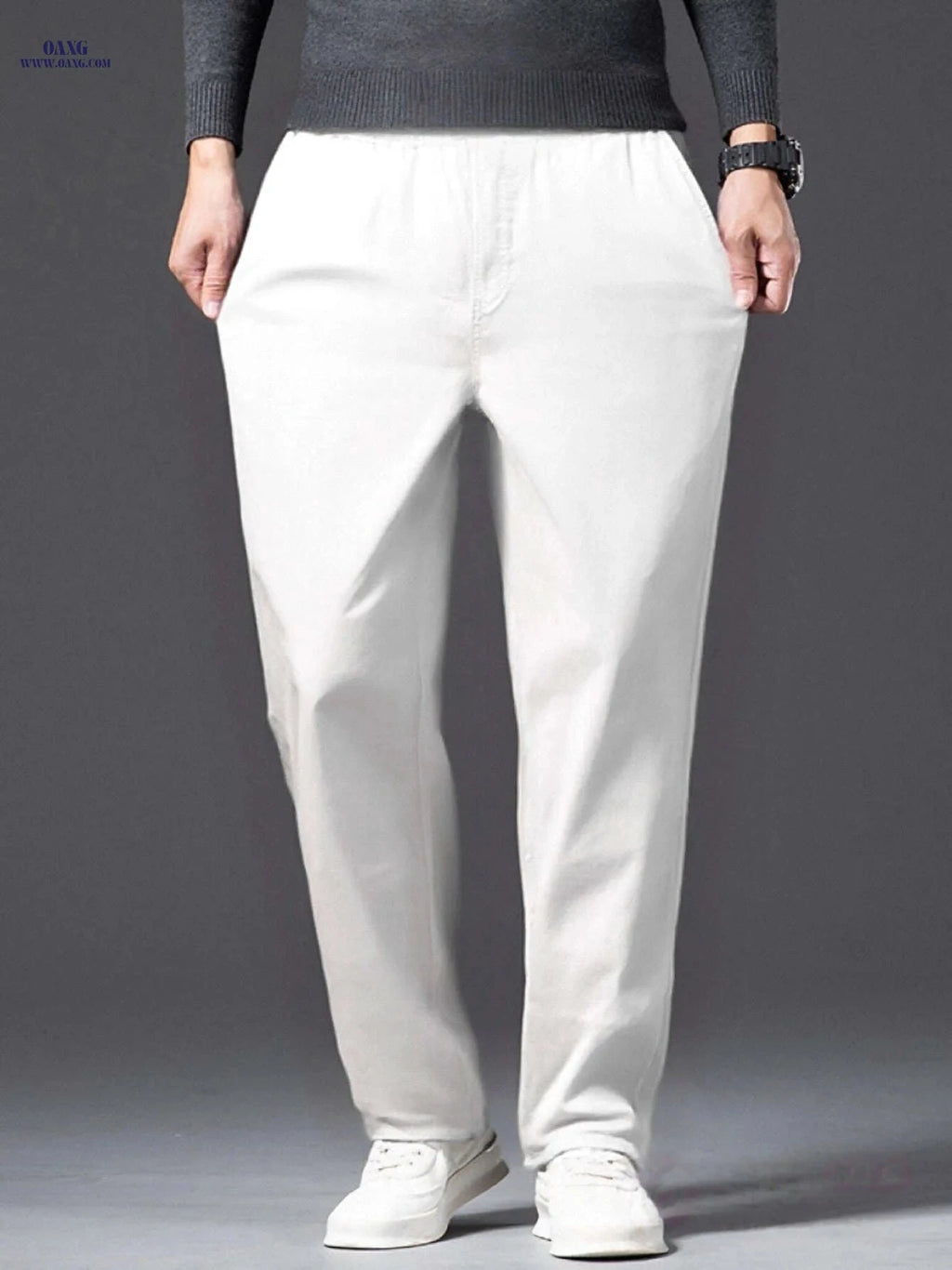 Trendy White Boyfriend Jeans for Men - Korean Style, Stretch Fabric   OAXG 