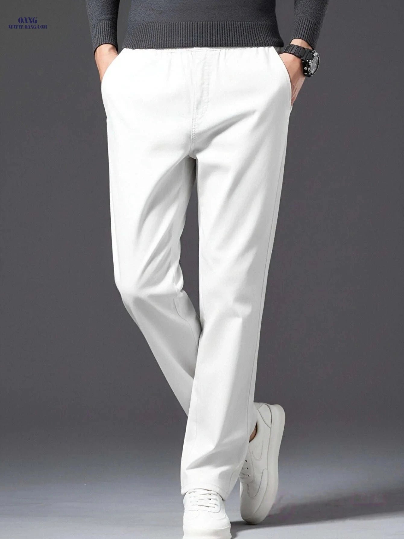 Trendy White Boyfriend Jeans for Men - Korean Style, Stretch Fabric   OAXG 