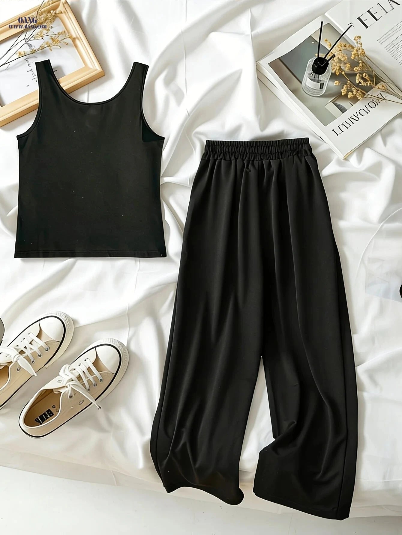 Trendy White Rose Print Tank Top & Wide-Leg Pants Set for Ladies   OAXG 