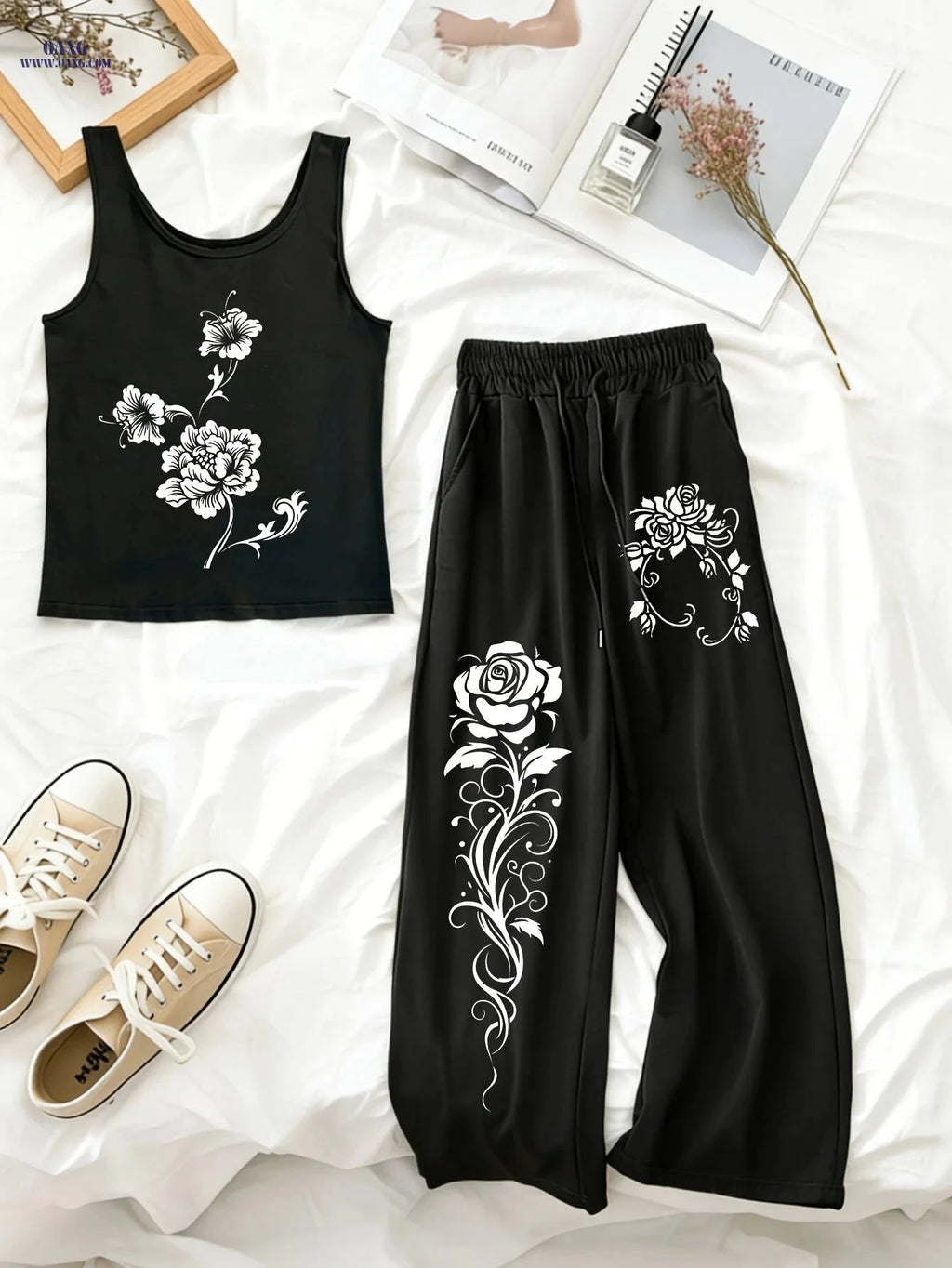 Trendy White Rose Print Tank Top & Wide-Leg Pants Set for Ladies   OAXG Black / XS