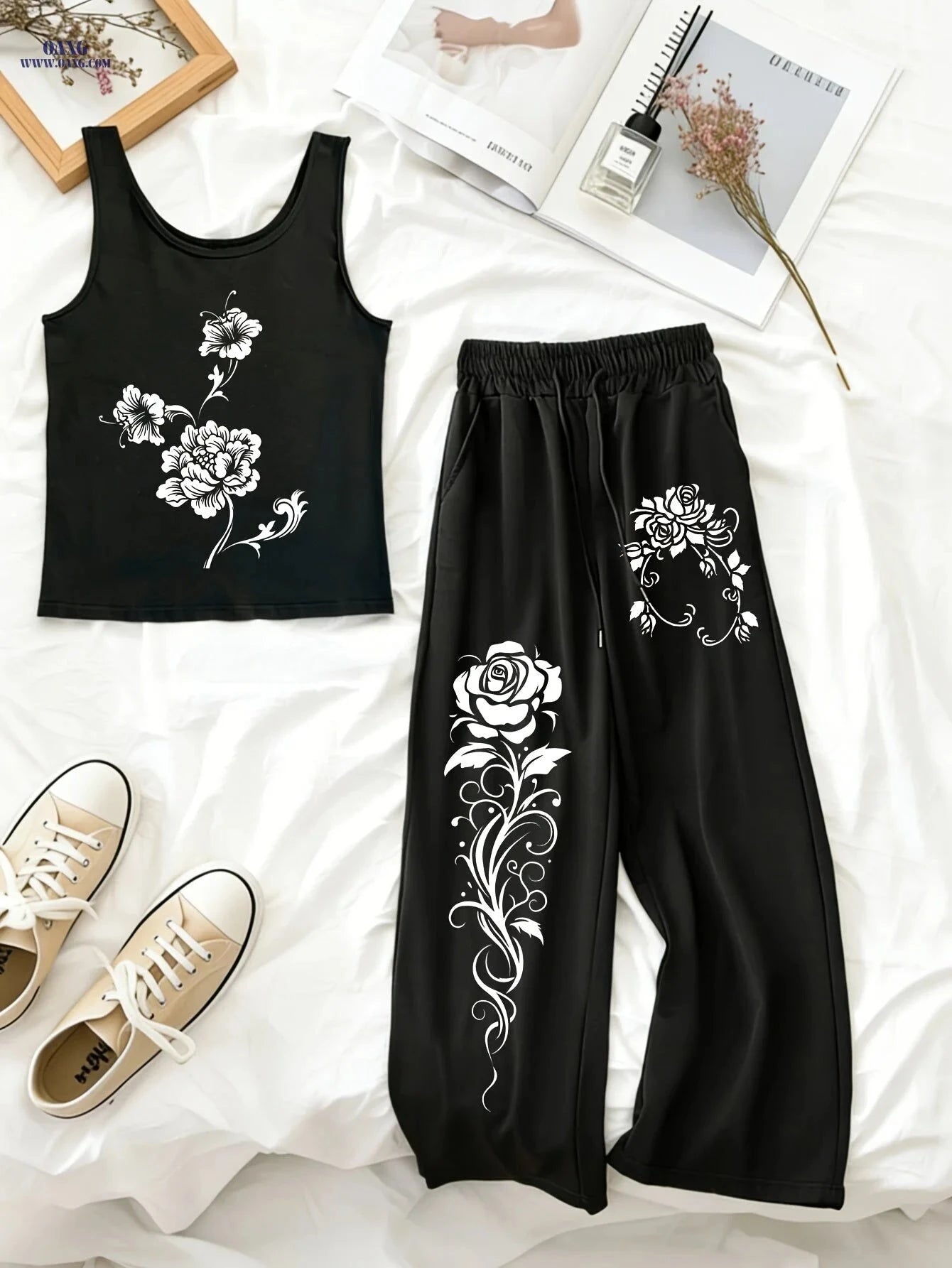Trendy White Rose Print Tank Top & Wide-Leg Pants Set for Ladies   OAXG Black / XS