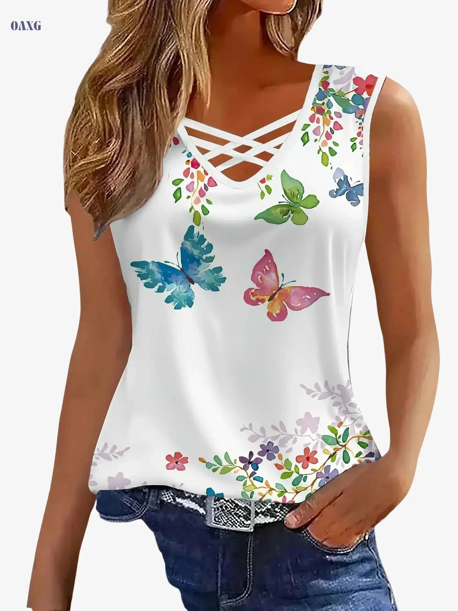 Trendy Women's Butterfly Print Vest - V-Neck with Crossed Straps   OAXG Mixed Color / S