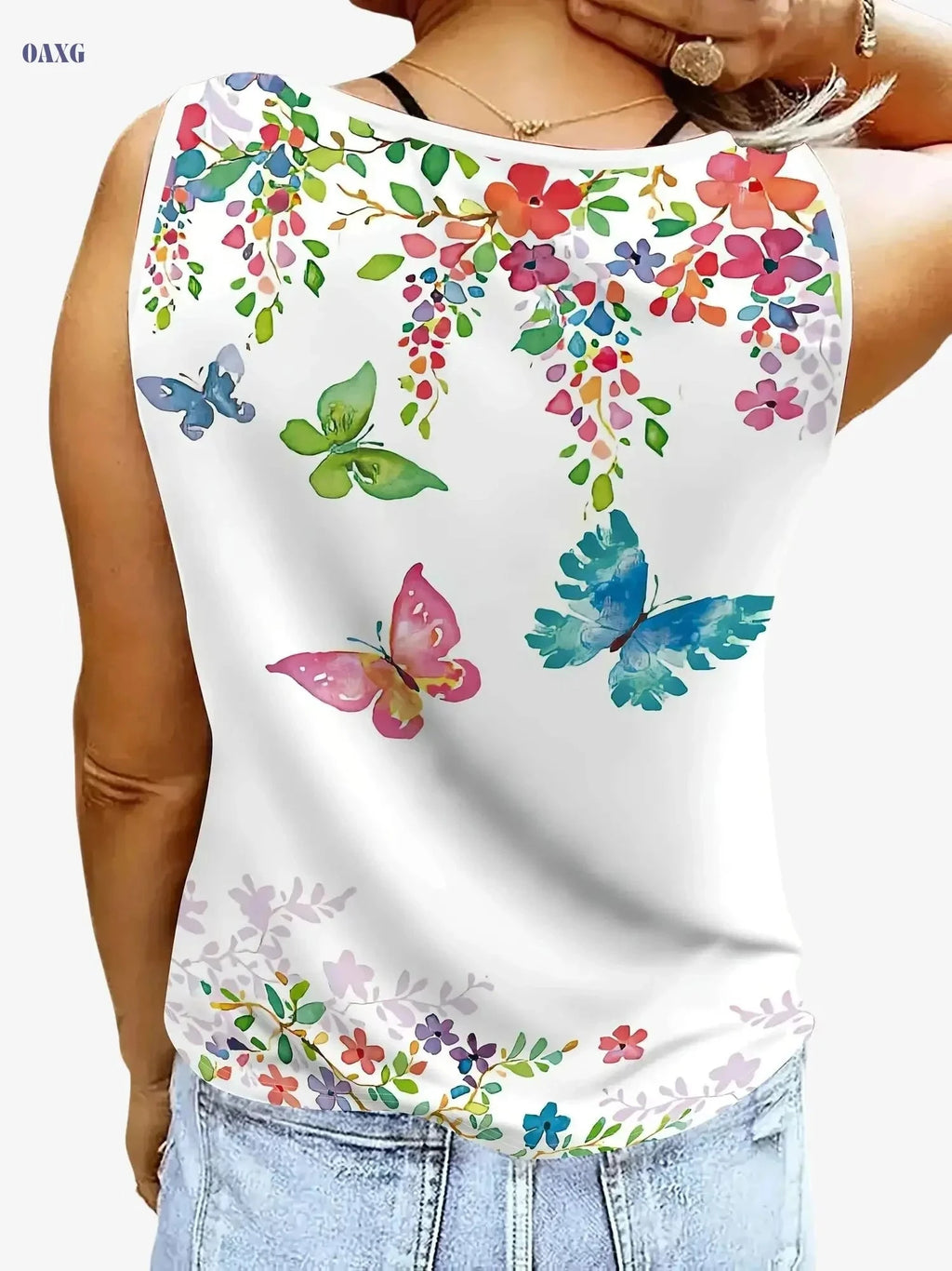 Trendy Women's Butterfly Print Vest - V-Neck with Crossed Straps   OAXG Mixed Color / S