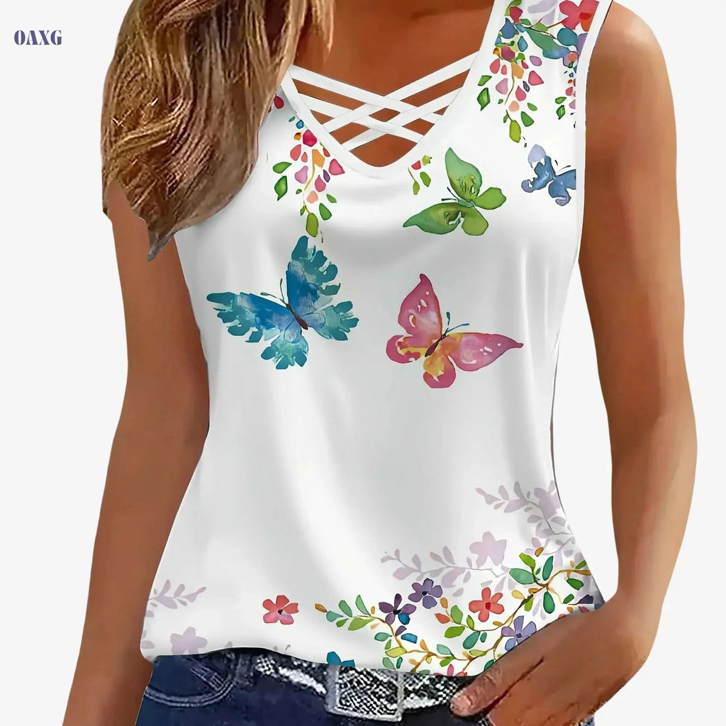 Trendy Women's Butterfly Print Vest - V-Neck with Crossed Straps   OAXG Mixed Color / S