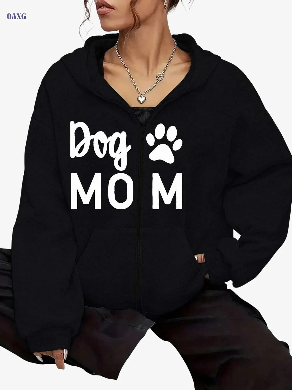 Trendy Women's Casual Sport Zip-Up Hoodie - Letter & Paw Print Design   OAXG Grey / S