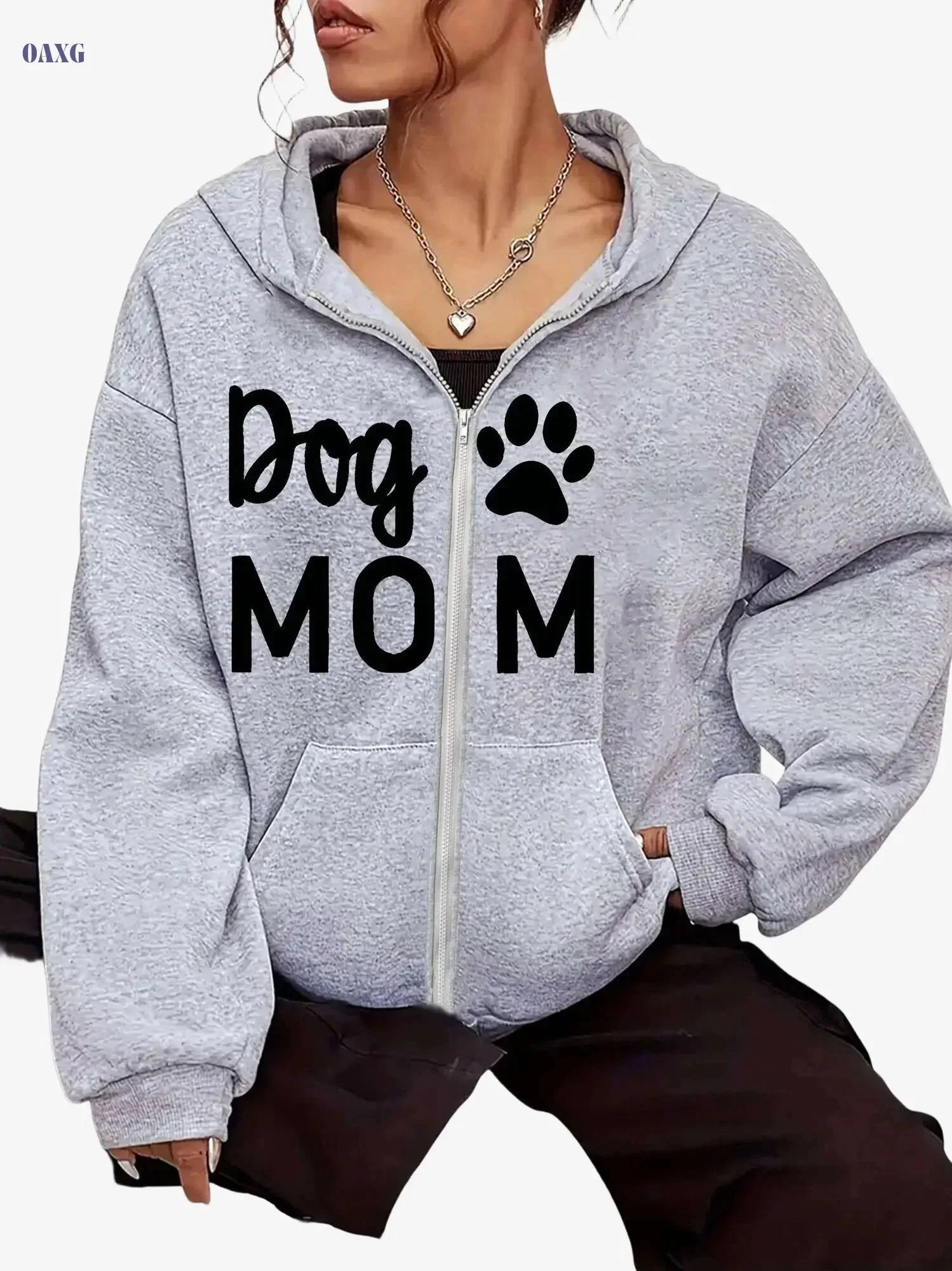 Trendy Women's Casual Sport Zip-Up Hoodie - Letter & Paw Print Design   OAXG 