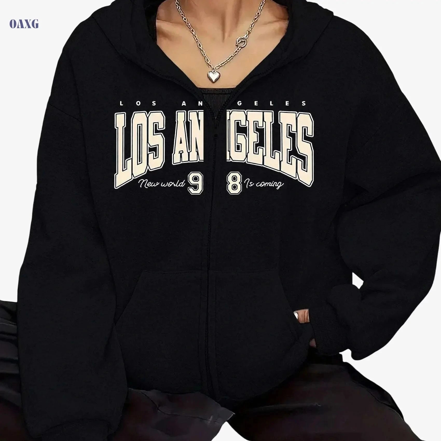 Trendy Women's Zip-Up Hooded Jacket - Casual Graphic Print Top   OAXG Black / S