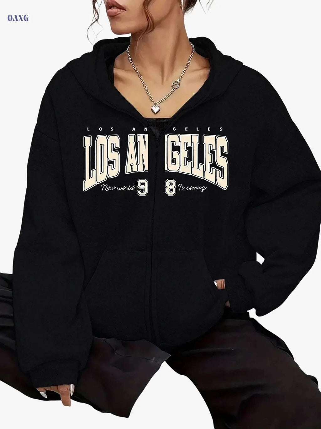 Trendy Women's Zip-Up Hooded Jacket - Casual Graphic Print Top   OAXG Black / S