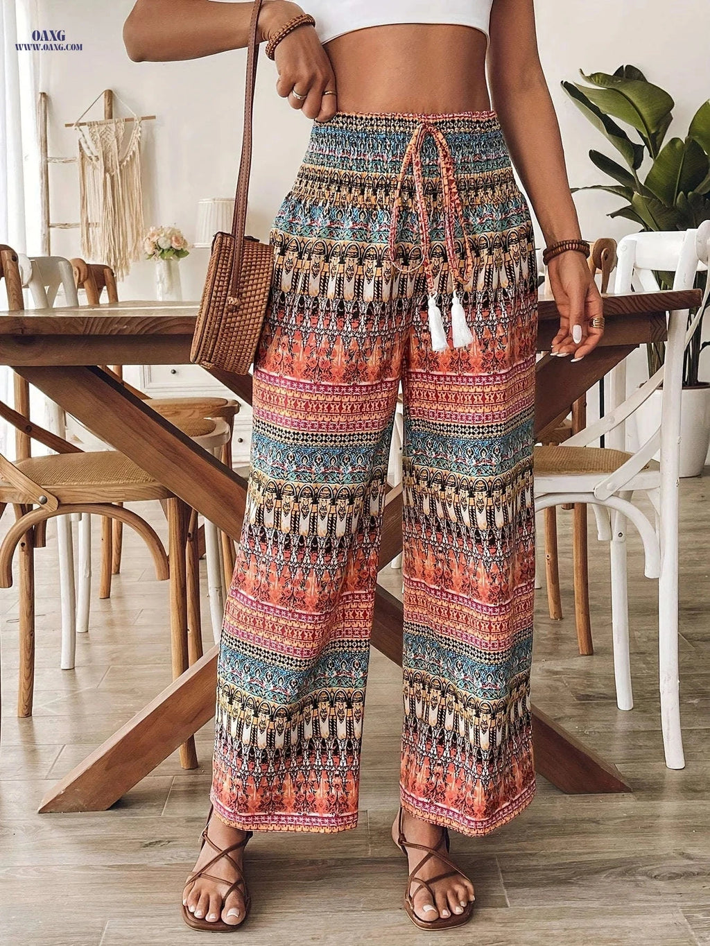 Tribal Ethnic Print Tie-Up Pants - Comfortable Loose Trousers   OAXG 