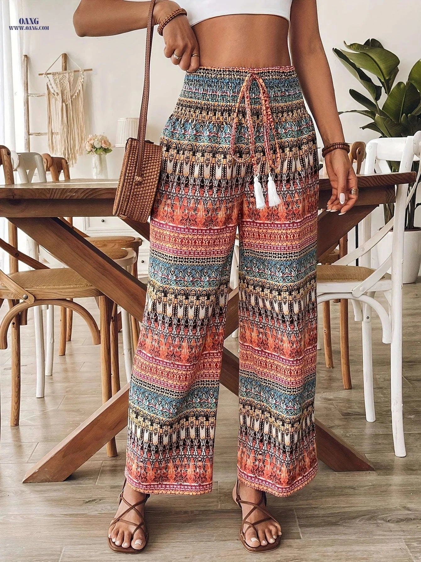 Tribal Ethnic Print Tie-Up Pants - Comfortable Loose Trousers   OAXG 
