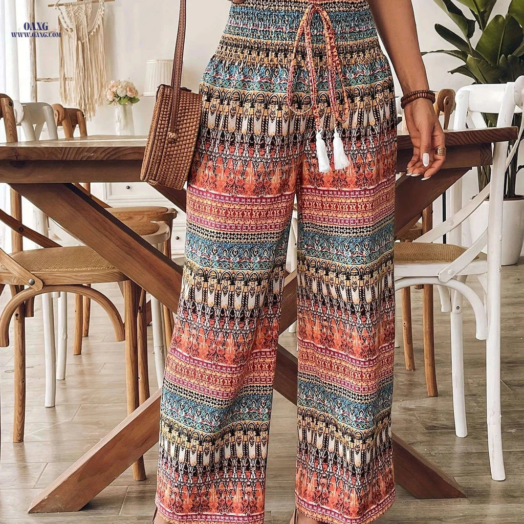 Tribal Ethnic Print Tie-Up Pants - Comfortable Loose Trousers   OAXG 【Multicolor】 / S