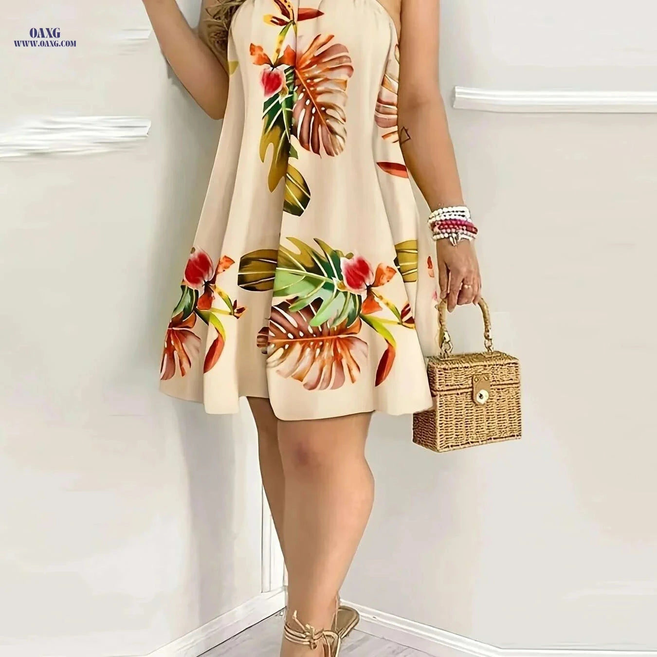 Tropical Floral Print Halter Neck Dress - Sleeveless Summer Style   OAXG Multicolor 2 / S