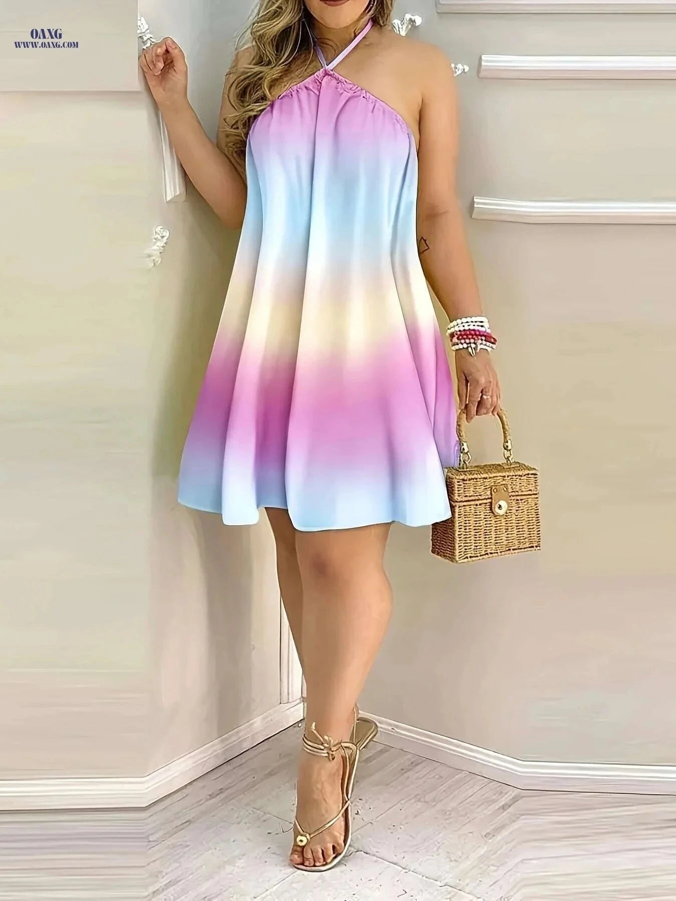 Tropical Floral Print Halter Neck Dress - Sleeveless Summer Style   OAXG Multicolor 2 / S
