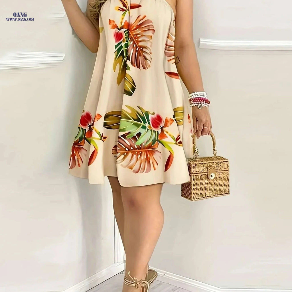 Tropical Floral Print Halter Neck Dress - Sleeveless Summer Style   OAXG Multicolor 2 / S