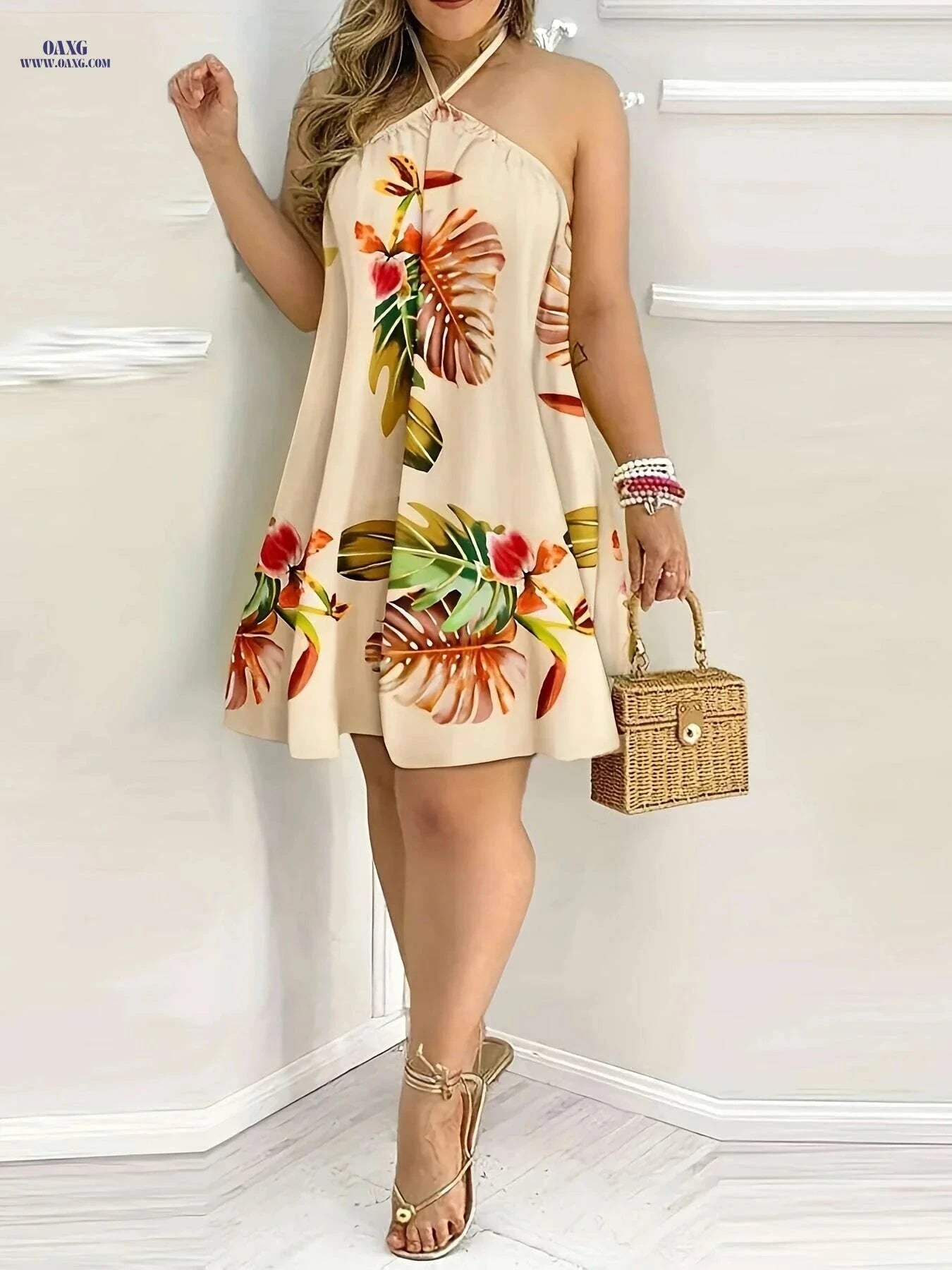 Tropical Floral Print Halter Neck Dress - Sleeveless Summer Style   OAXG Multicolor 2 / S