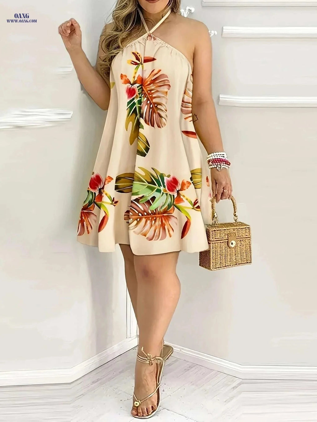 Tropical Floral Print Halter Neck Dress - Sleeveless Summer Style   OAXG 