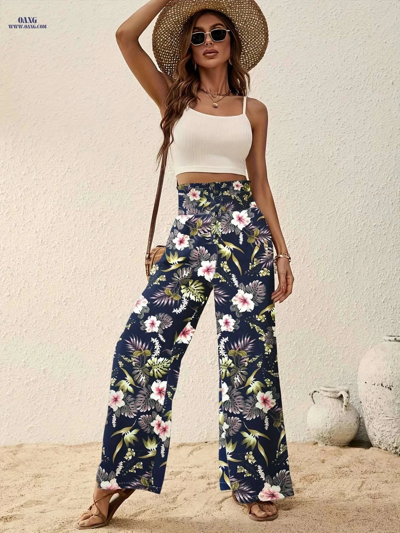 Tropical Floral Print Pants - Women's Lightweight Wide-Leg Style   OAXG 