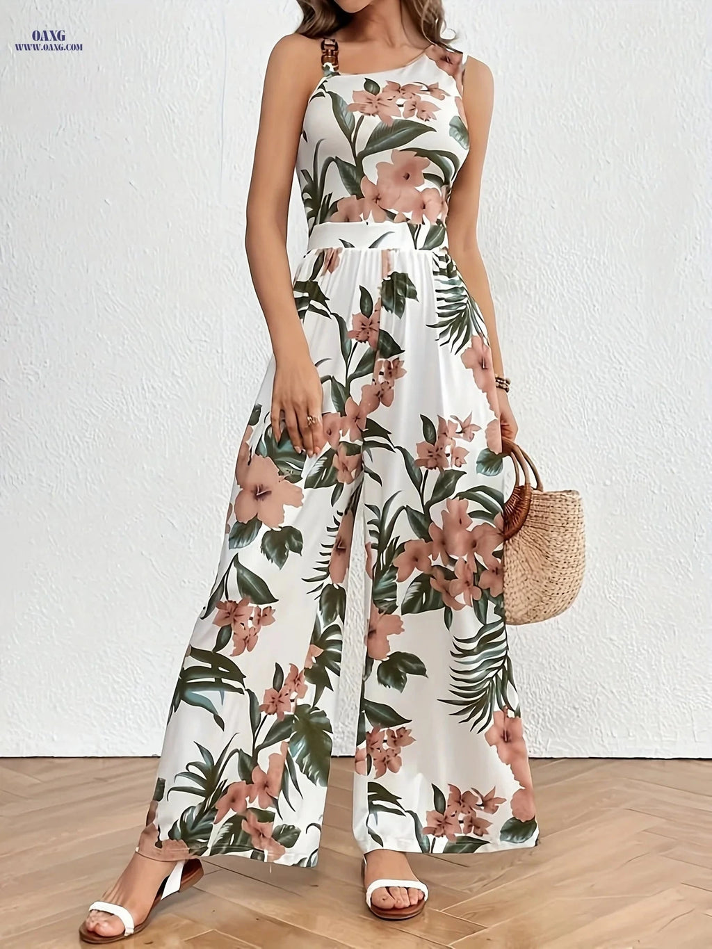 Tropical Print Wide Leg Jumpsuit - Elegant Asymmetric Neck Detail   OAXG 