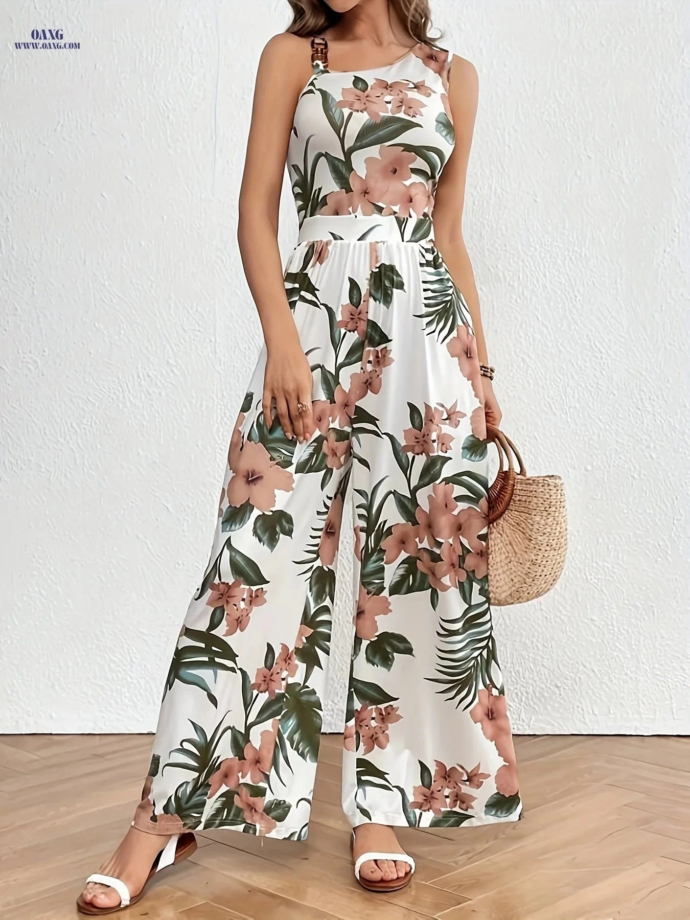 Tropical Print Wide Leg Jumpsuit - Elegant Asymmetric Neck Detail   OAXG 
