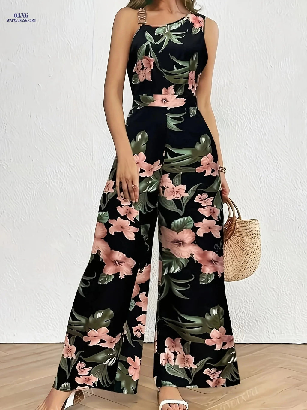 Tropical Print Wide Leg Jumpsuit - Elegant Asymmetric Neck Detail   OAXG 