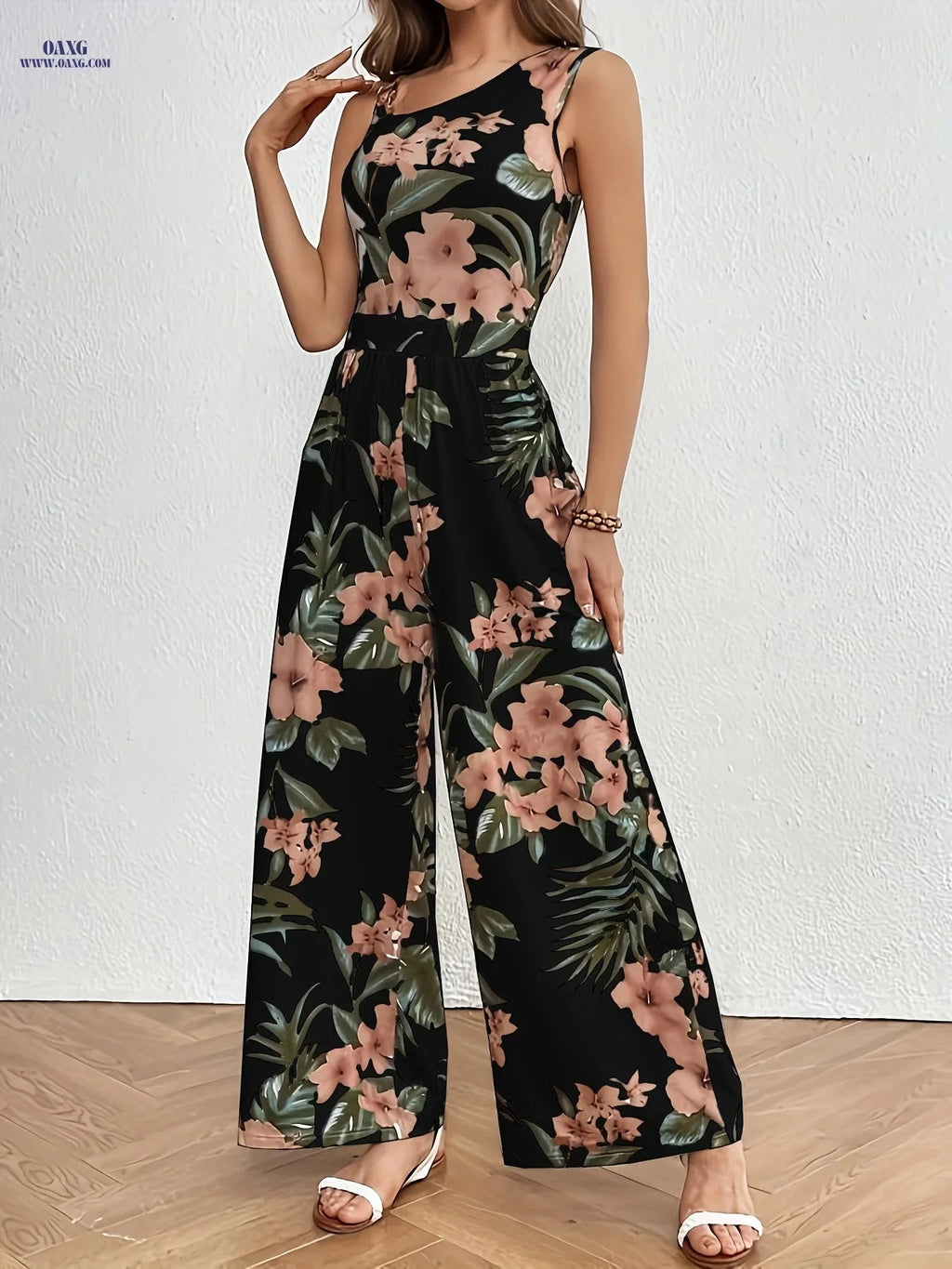 Tropical Print Wide Leg Jumpsuit - Elegant Asymmetric Neck Detail   OAXG 