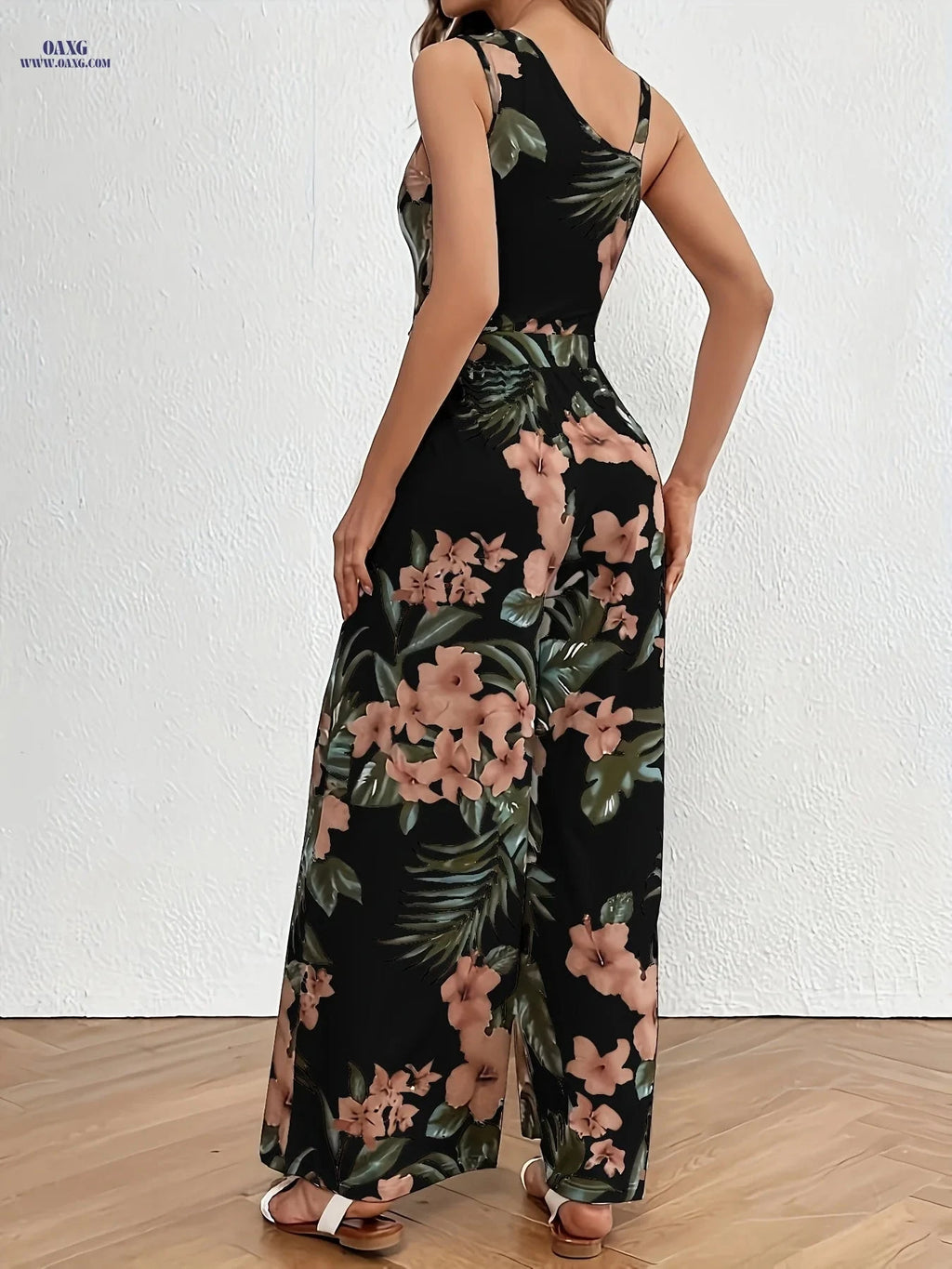 Tropical Print Wide Leg Jumpsuit - Elegant Asymmetric Neck Detail   OAXG White / XS