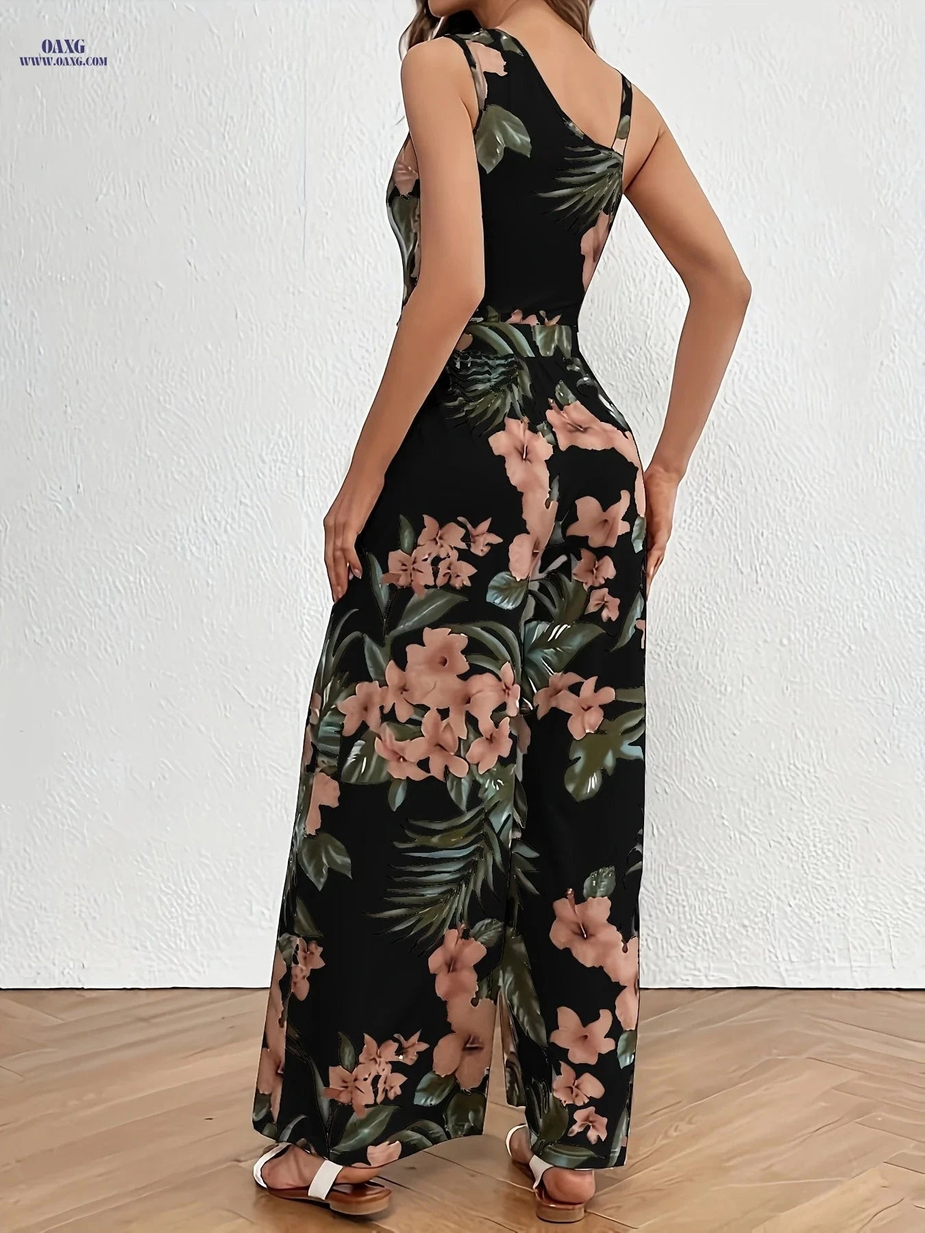 Tropical Print Wide Leg Jumpsuit - Elegant Asymmetric Neck Detail   OAXG White / XS