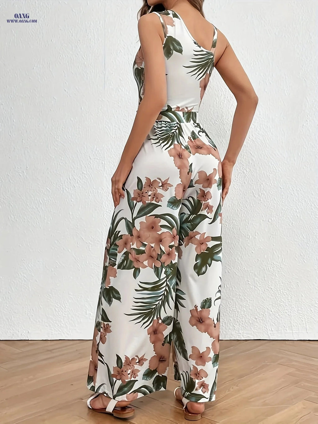 Tropical Print Wide Leg Jumpsuit - Elegant Asymmetric Neck Detail   OAXG White / XS