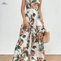 Tropical Print Wide Leg Jumpsuit - Elegant Asymmetric Neck Detail   OAXG White / XS