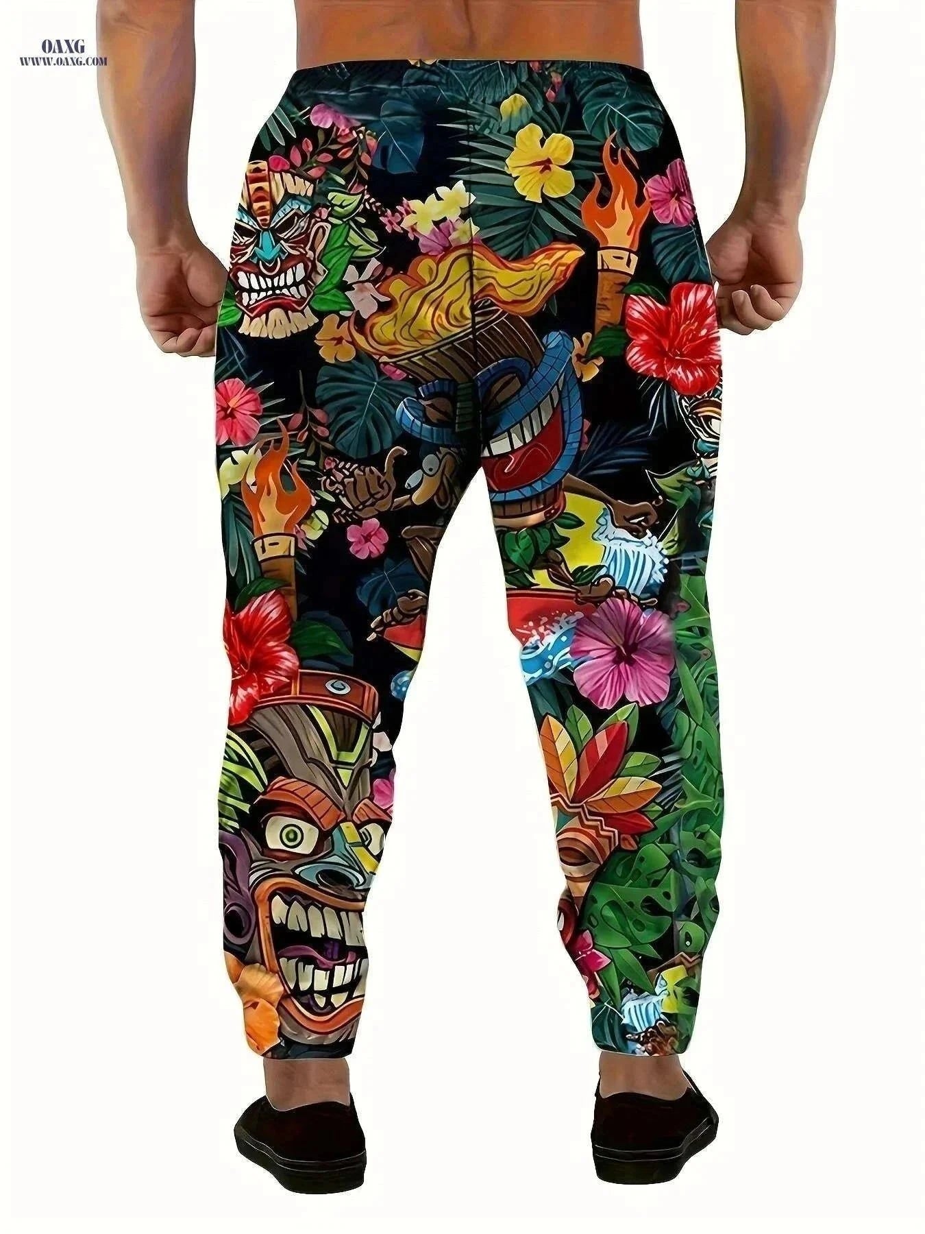 Tropical Tiki Men's Casual Pants - 3D Torch Print, Drawstring Pockets   OAXG Mixed Color / S