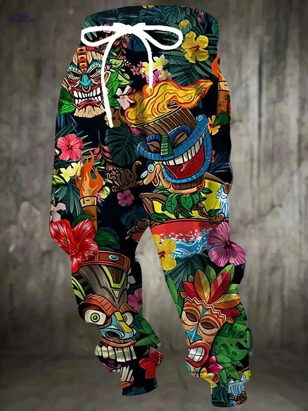 Tropical Tiki Men's Casual Pants - 3D Torch Print, Drawstring Pockets   OAXG Mixed Color / S