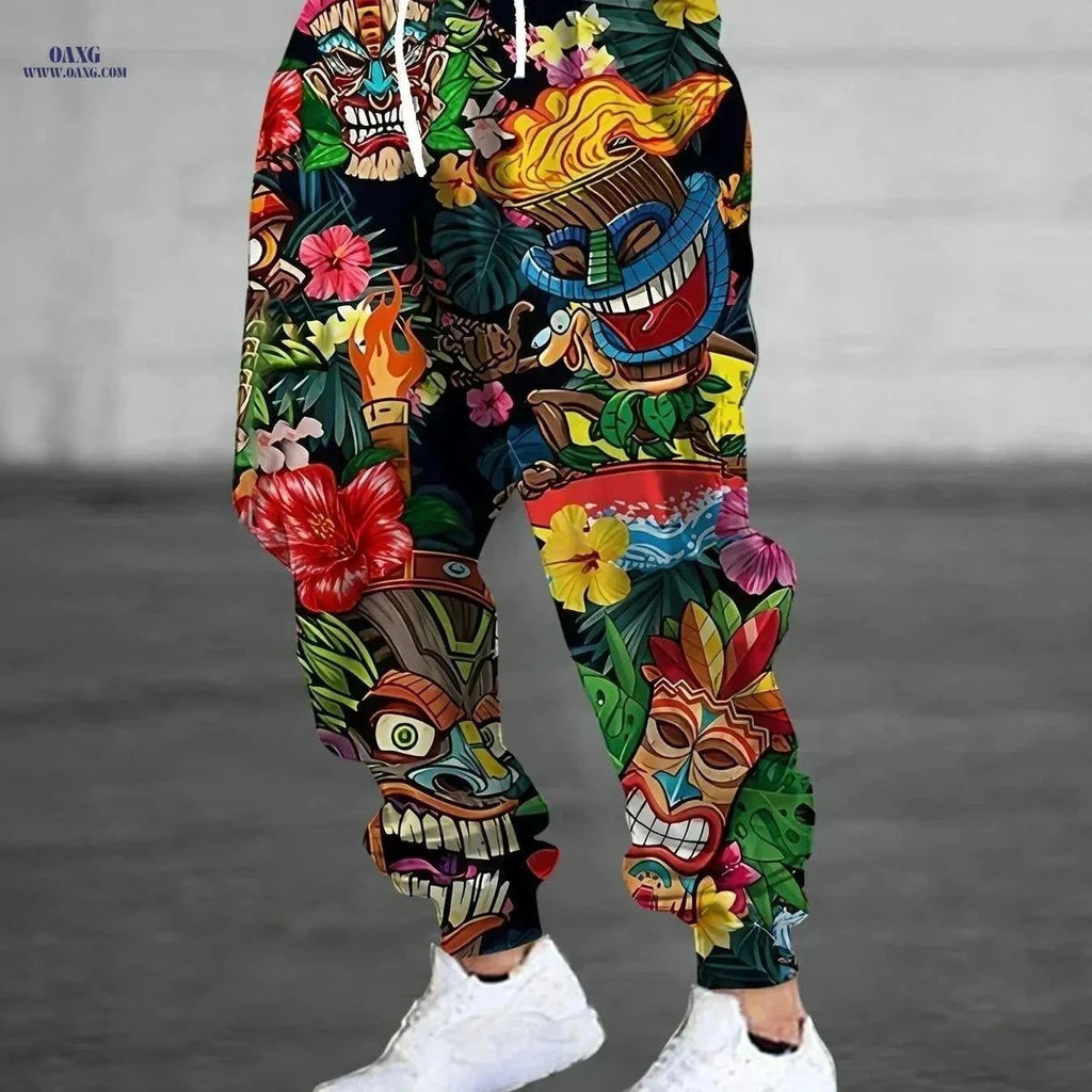 Tropical Tiki Men's Casual Pants - 3D Torch Print, Drawstring Pockets   OAXG Mixed Color / S