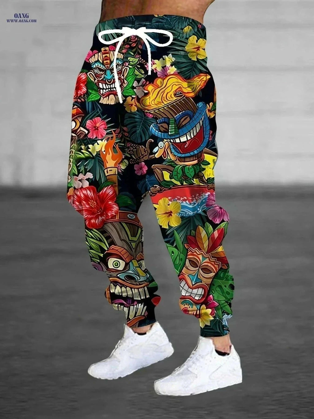 Tropical Tiki Men's Casual Pants - 3D Torch Print, Drawstring Pockets   OAXG Mixed Color / S