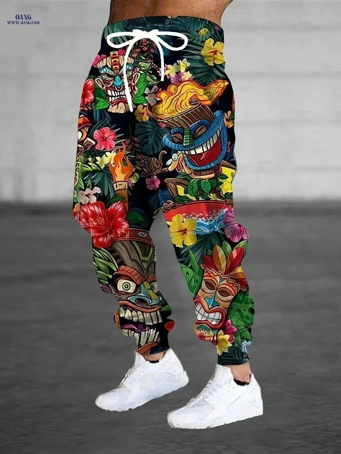Tropical Tiki Men's Casual Pants - 3D Torch Print, Drawstring Pockets   OAXG Mixed Color / S