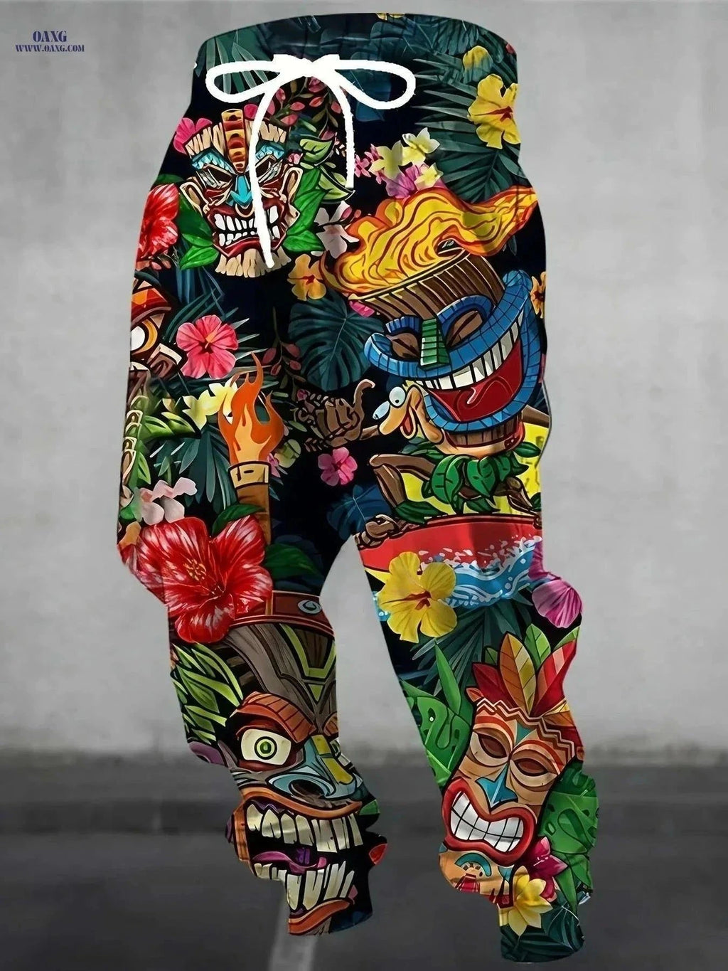 Tropical Tiki Men's Casual Pants - 3D Torch Print, Drawstring Pockets   OAXG Mixed Color / S