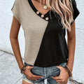 Two-tone Button Batwing Sleeve Graphic T-shirt   OAXG Black+khaki / S